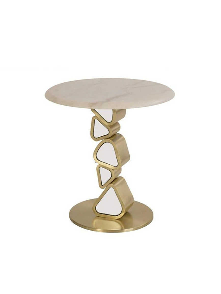 Modern Luxury Marble Side Table, Small Designer Round Coffee Table with Unique Geometric Metal Base, 18-Inch End Table for Living Room, Bedroom, Accent Corner