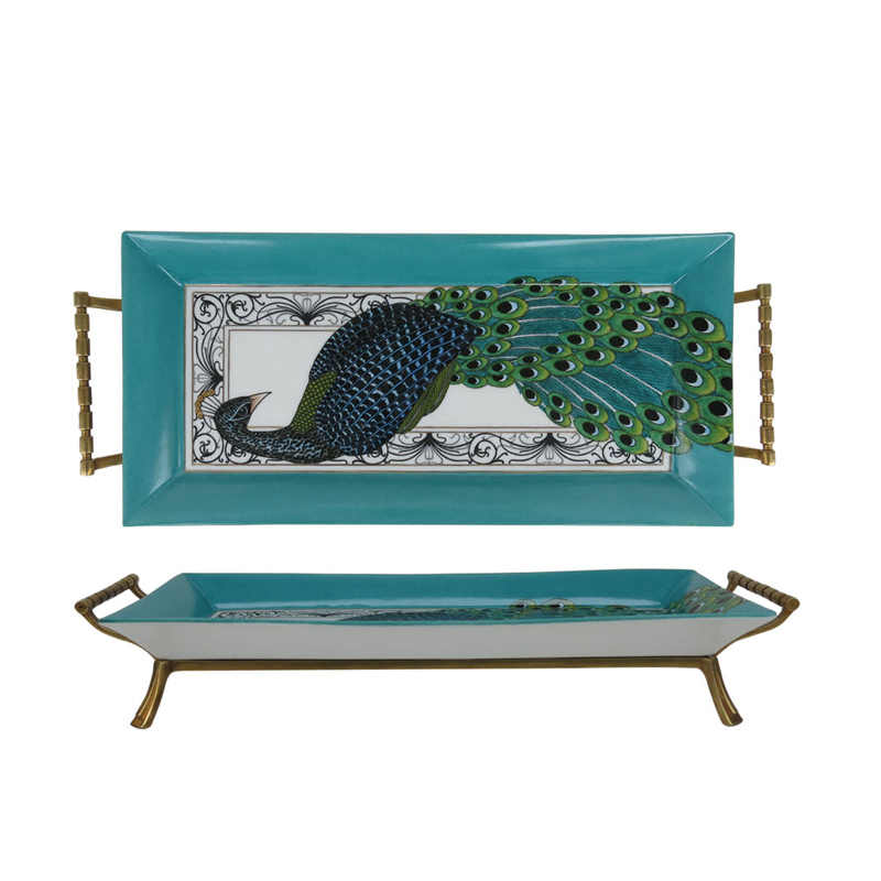 Peacock Porcelain and Brass Decorative Tray – Artistic Serving Platter with Handles for Home, Tabletop, Centerpiece
