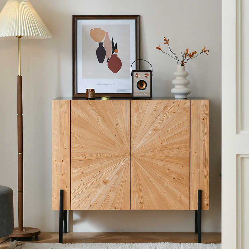 Solid Wood Shoe Cabinet, French Vintage Sunburst Sideboard, Handcrafted Entryway Console, Custom Sunburst Pattern Storage Unit