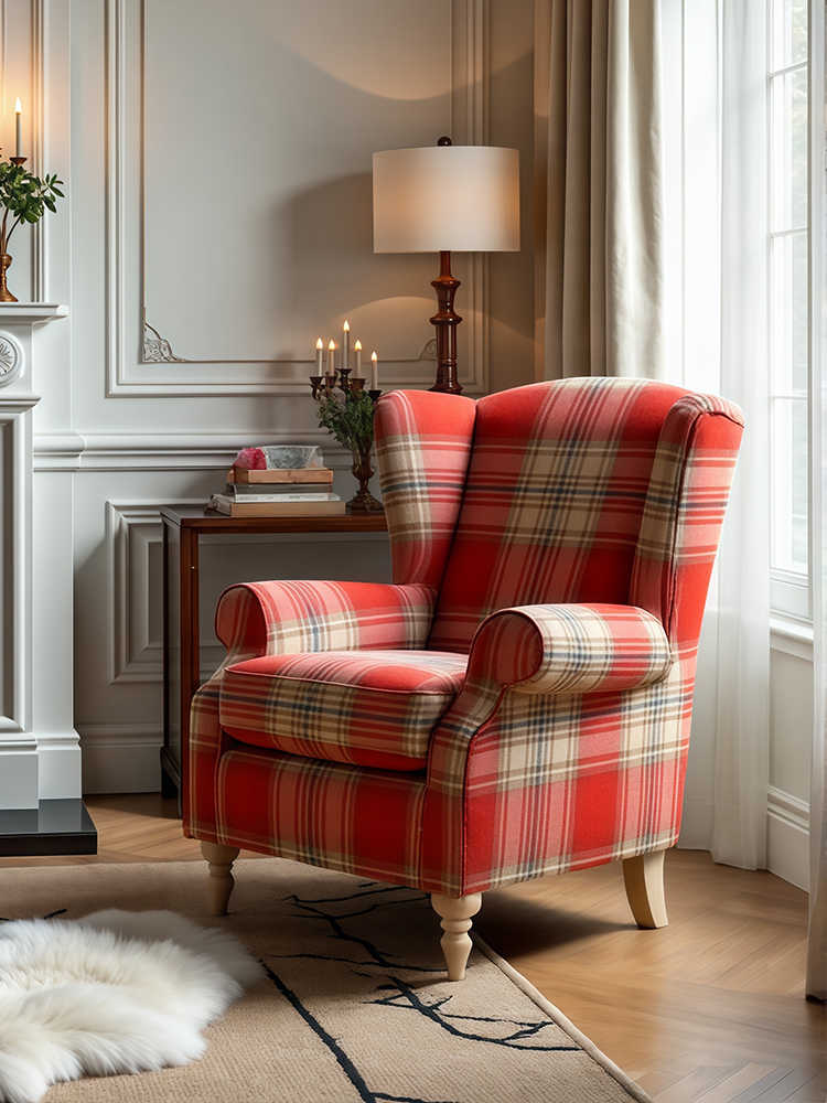 High-Back Tiger Armchair – Red Plaid Retro Single Sofa for Living Room, Study, Bedroom, or Balcony, Country Style Wing Chair