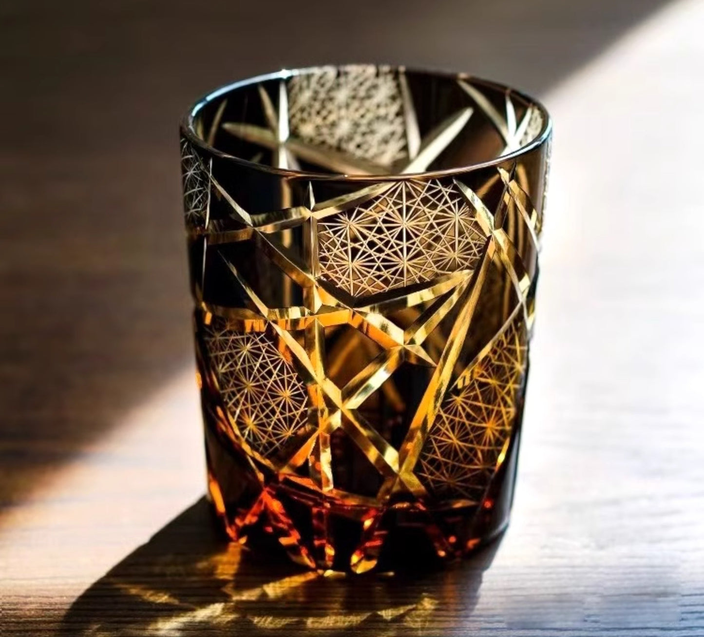"Twilight of the Gods" Edo Cut Amber Whiskey Glass 260ml – Handcrafted Asian Style Old Fashioned Crystal Tumbler