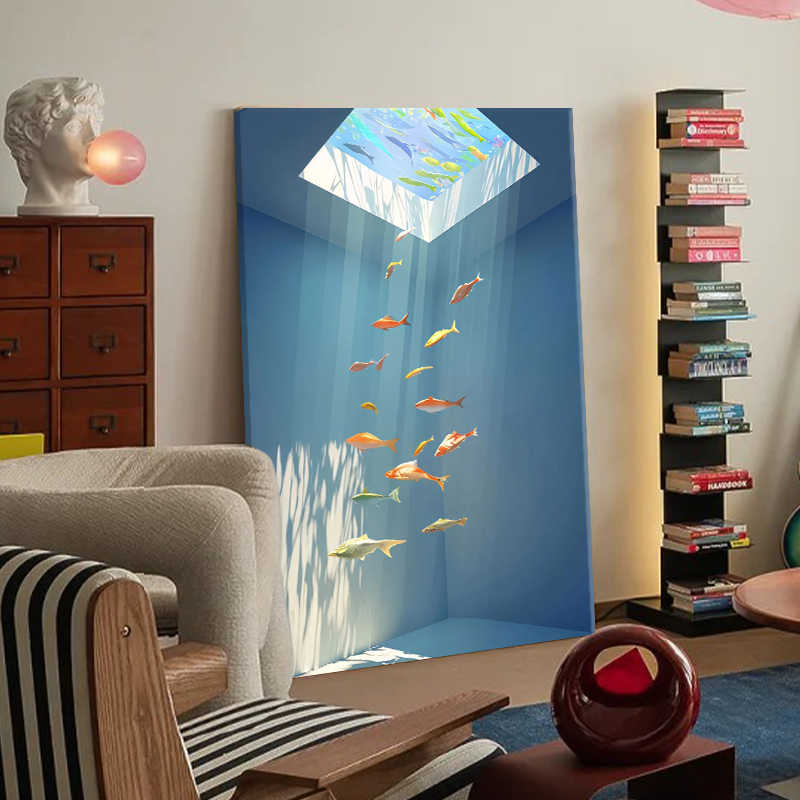 Modern Hand-Painted Oil Painting, "Light Through the Water" Fish Art for Living Room Entryway, High-End Minimalist Wall Decor Titanium Black Frame