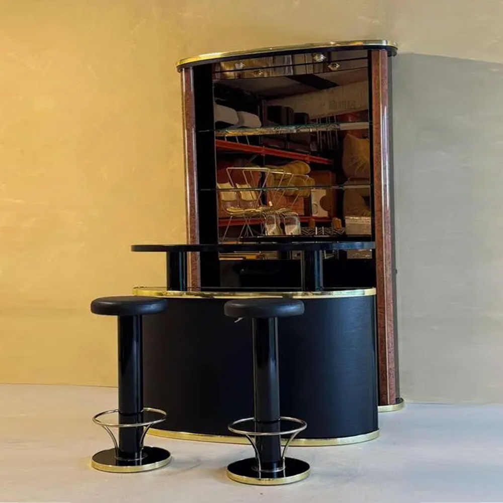 Designer Bar Cabinet Set with Stools – Luxury Art Deco Style Wine Display Unit, Premium Home Bar Furniture System for Living Rooms and Entertainment
