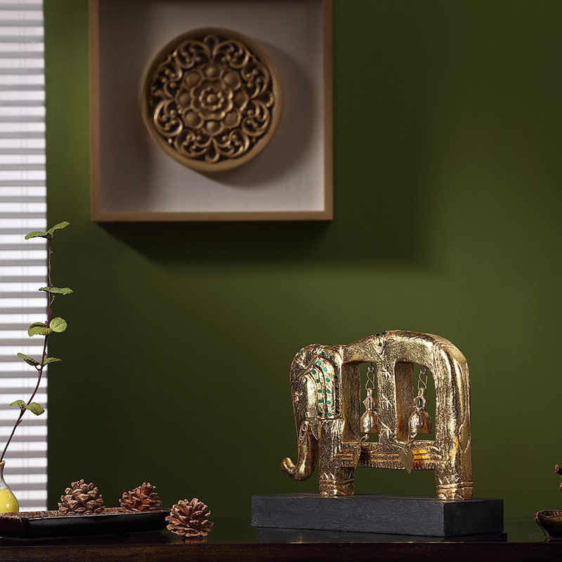 Handcrafted Golden Elephant Desktop Bell Ornament – Southeast Asian Wood Sculpture, Decorative Table Display for Beauty Salon, Restaurant, Office, Living Room