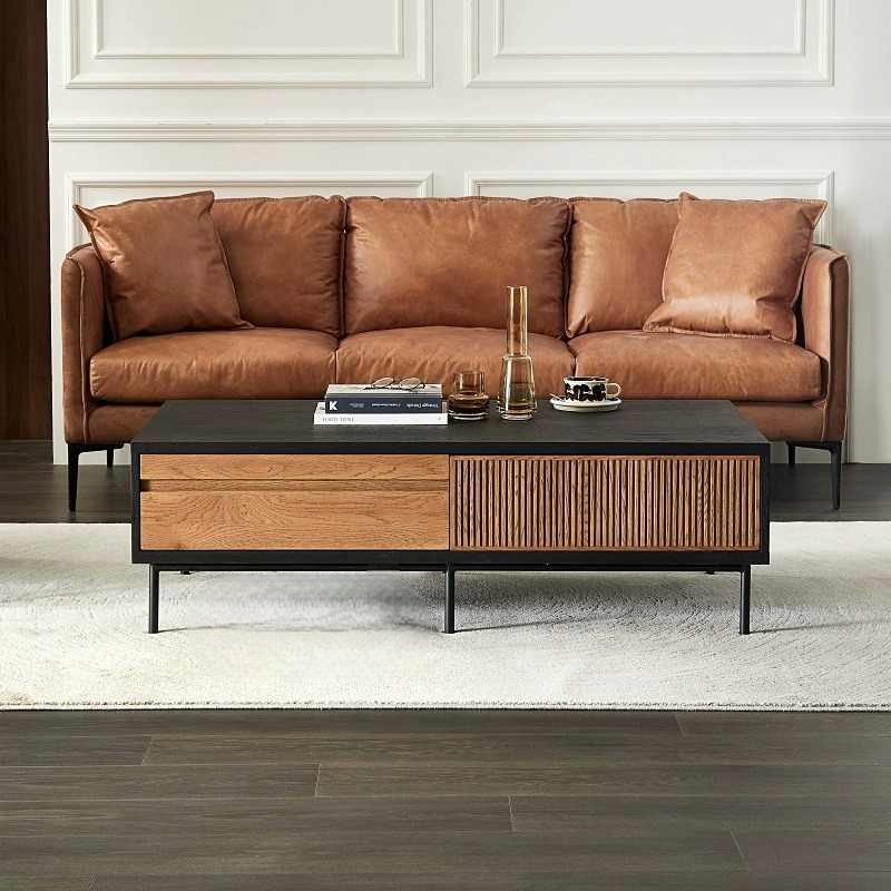 Modern Vintage Oak Coffee Table with Storage Drawers, Black and Wood Designer Center Table for Small Spaces