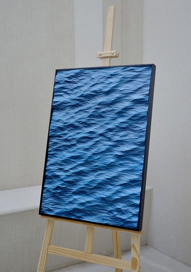 Modern 3D Ocean Wave Relief Wall Art, Blue Embossed Minimalist Painting with Black Solid Wood Frame, Unique Style for Living Room Décor
