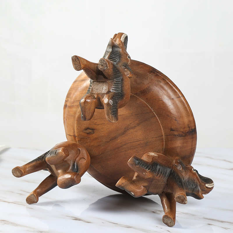 Thai Hand-Carved Three Elephant Fruit Bowl, Solid Wood Luxury Serving Tray for New Year & Home Entertaining