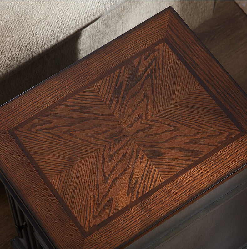 American Vintage Solid Wood Parquet Side Table, Classic Chevron Pattern End Table with Glass Door Storage, Multi-Purpose Nightstand Coffee Table