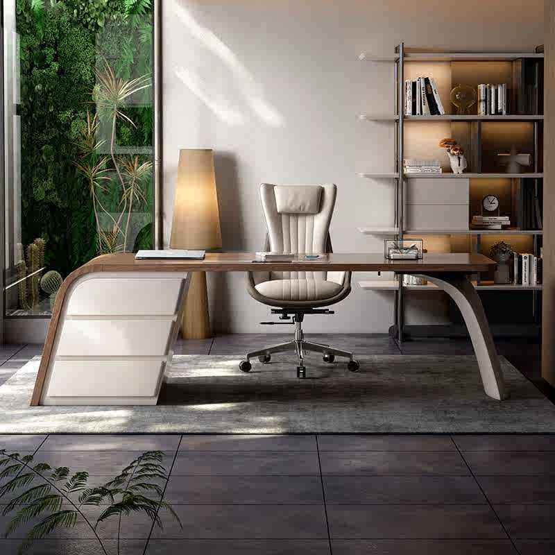 Modern Minimalist Black Walnut Executive Desk – Curved Wood Office Table for Study & Workspace