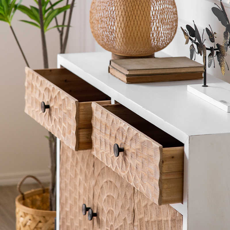 Wabi-Sabi Vintage Distressed Sideboard, Hand-Carved Geometric Wood Console Cabinet with Black Steel Legs, Boutique Hotel Bedroom Furniture