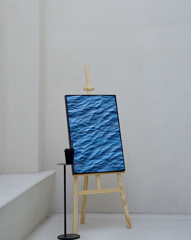 Modern 3D Ocean Wave Relief Wall Art, Blue Embossed Minimalist Painting with Black Solid Wood Frame, Unique Style for Living Room Décor