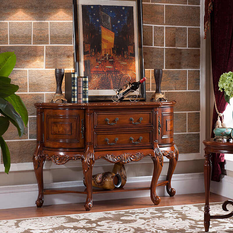 Classic American Solid Wood Half-Moon Console Table – European Style Carved Entryway Demilune Hall Table with Storage Drawers & Display Shelf
