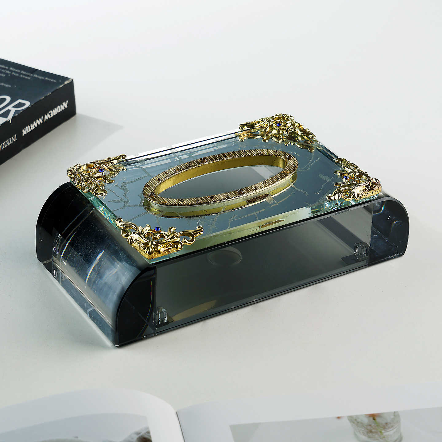 Premium Crystal Glass Magnetic Tissue Box, Luxury Ornate Gold-Trimmed Napkin Dispenser with Magnetic Closure, Office Living Room Decor Accessory