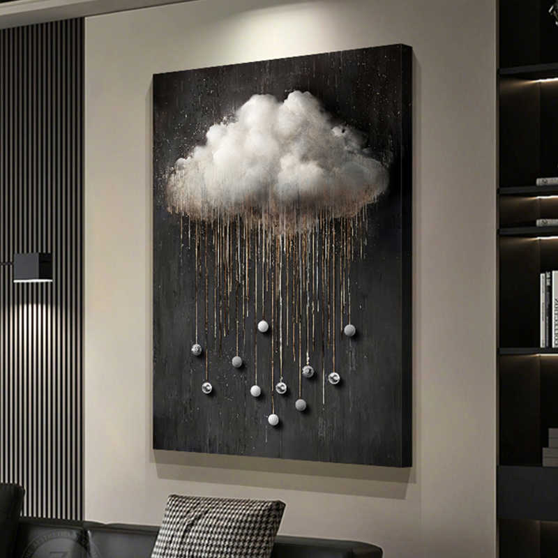 Luxury Black Abstract Cloud Wall Art – Modern Living Room Decorative Painting, Textured Entrance Hallway Sofa Backdrop Matte Micro-Spray, Aluminum Frame