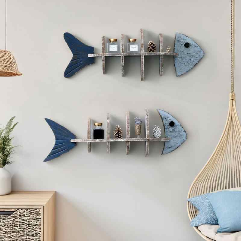 Mediterranean Fish Bone Wall Shelf – Coastal Blue Wooden Display Rack, Nautical Storage Organizer with Multiple Compartments for Home Decoration