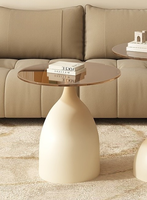 Modern Glass Low Side Table – Thick Tempered Glass Top, White Carbon Steel Pedestal, Minimalist Sofa End Table