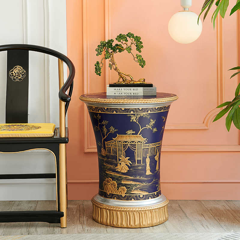 Blue Hand-Painted Round Side Table, Villa Beauty Salon Balcony Tea Table, Conversation Table
