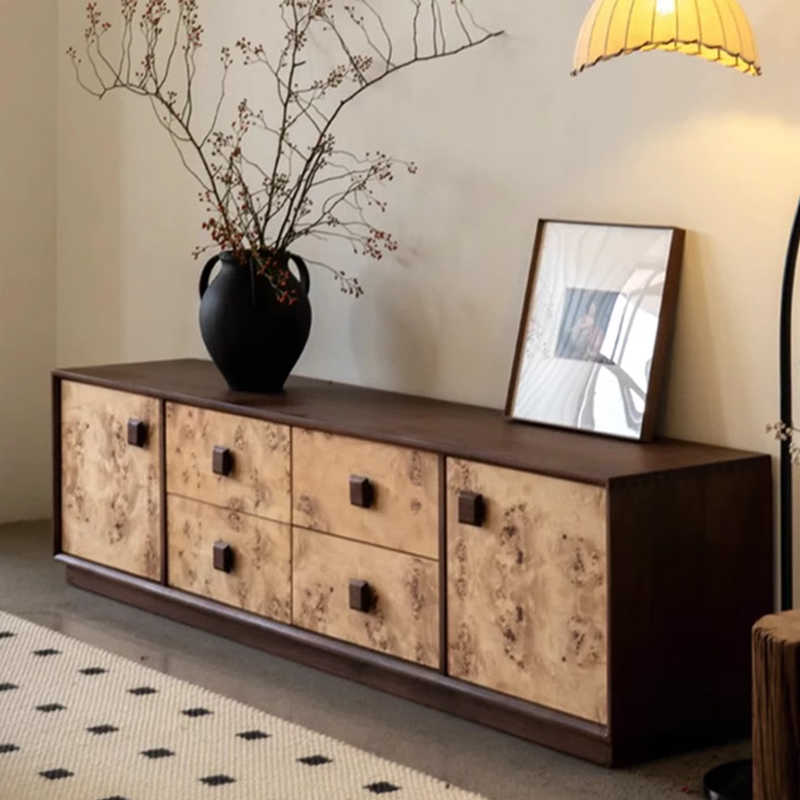 Nordic Burl Wood Media Console – Modern Minimalist Retro TV Stand, Designer Storage Cabinet for Living Room, Large Sideboard Buffet Credenza