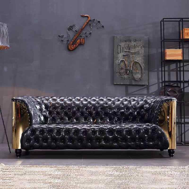American Industrial Chesterfield Sofa with Copper Aluminum Panels, Designer Aged Black Oil Wax Leather Cigar Bar Couch