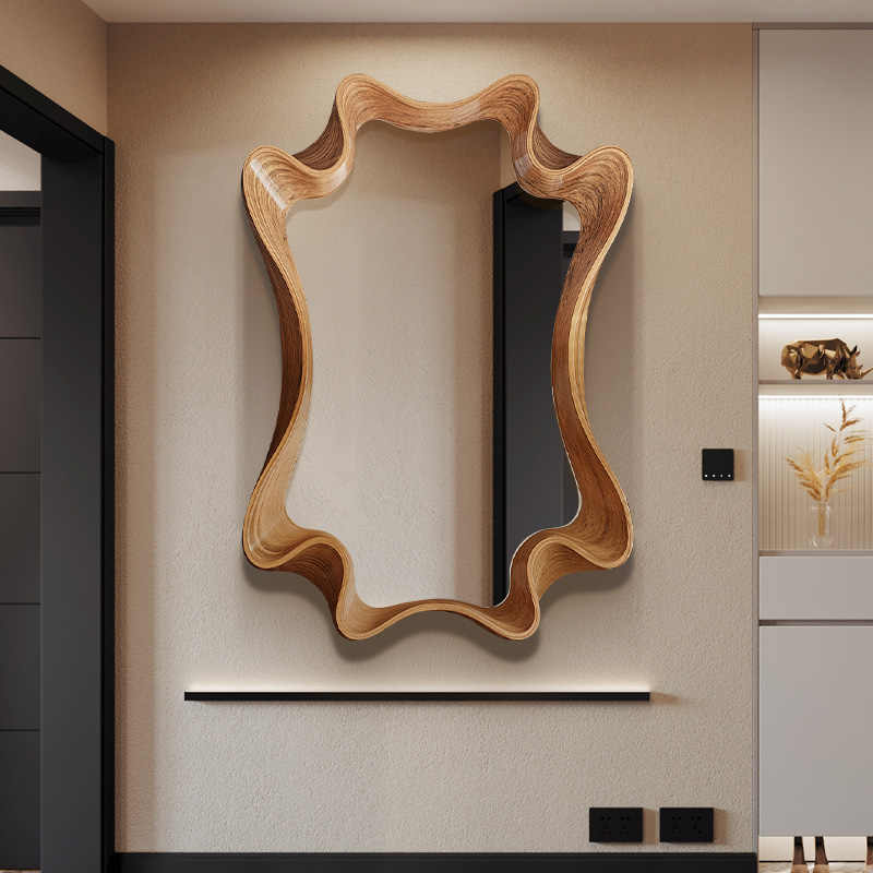 Luxury Irregular Solid Wood Carved Wall Mirror, Artistic Modern Vanity & Bathroom Decorative Hanging Mirror, Designer Statement Panel