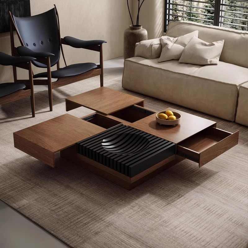 Mid-Century Walnut Coffee Table with Black Slat Detail – Modern Design Square Low Table, Contemporary Living Room Centerpiece with Storage Element