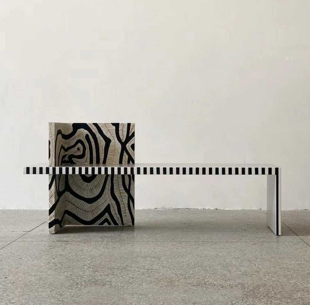 Artistic House Wabi-Sabi Designer Bench with Geometric Pattern Block, Mid-Century Modern Striped Seating for Bedroom & Entryway