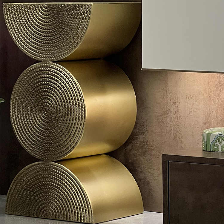 Nordic Golden Wheat Pattern Metal Side Table, Stackable Cylindrical Accent Tables with Sculptural Texture, Contemporary Living Room Nesting Tables