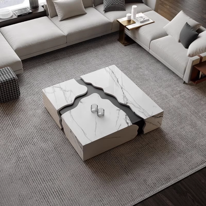 Designer Marble Puzzle Coffee Table – Sculptural Stone Blocks with Black Channels, Luxury 1.2M Square Architectural Art Table for Modern Living Rooms