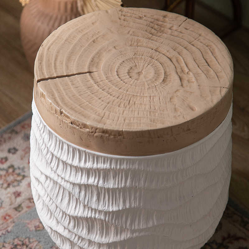 Handcrafted Rope-Textured Ceramic Side Table, Rustic Round Storage Stool with Natural Wood Top, Boho Living Room Accent Table,