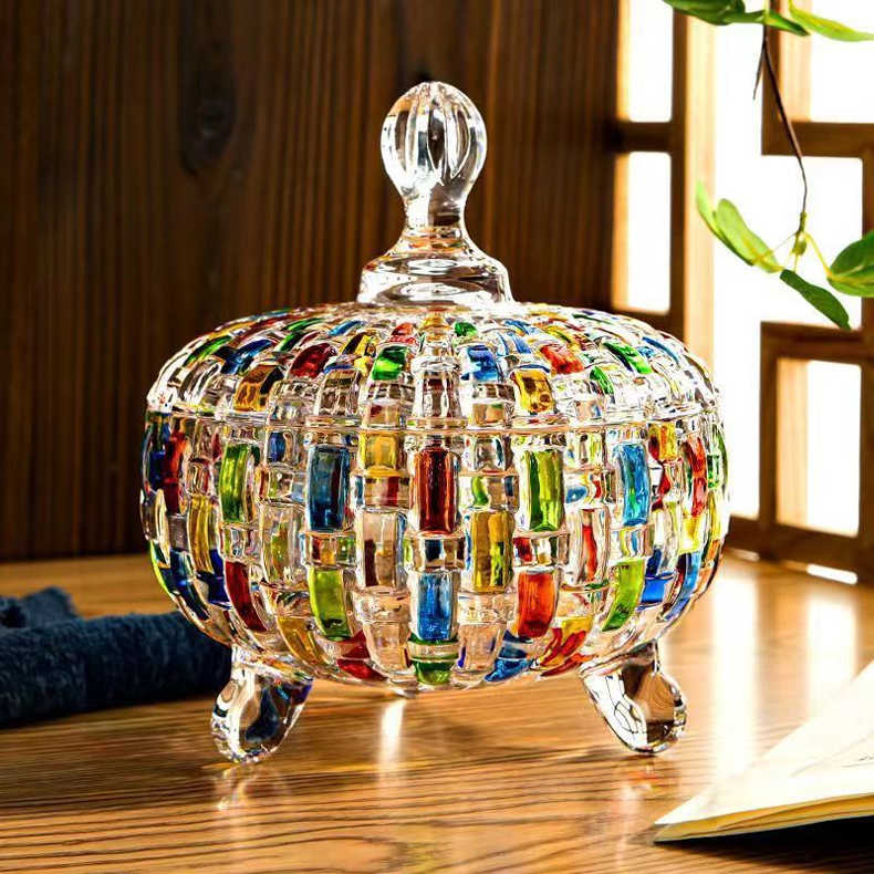 Glass Candy Jar with Lid, Colorful Snack Dish for Living Room & Kitchen Storage