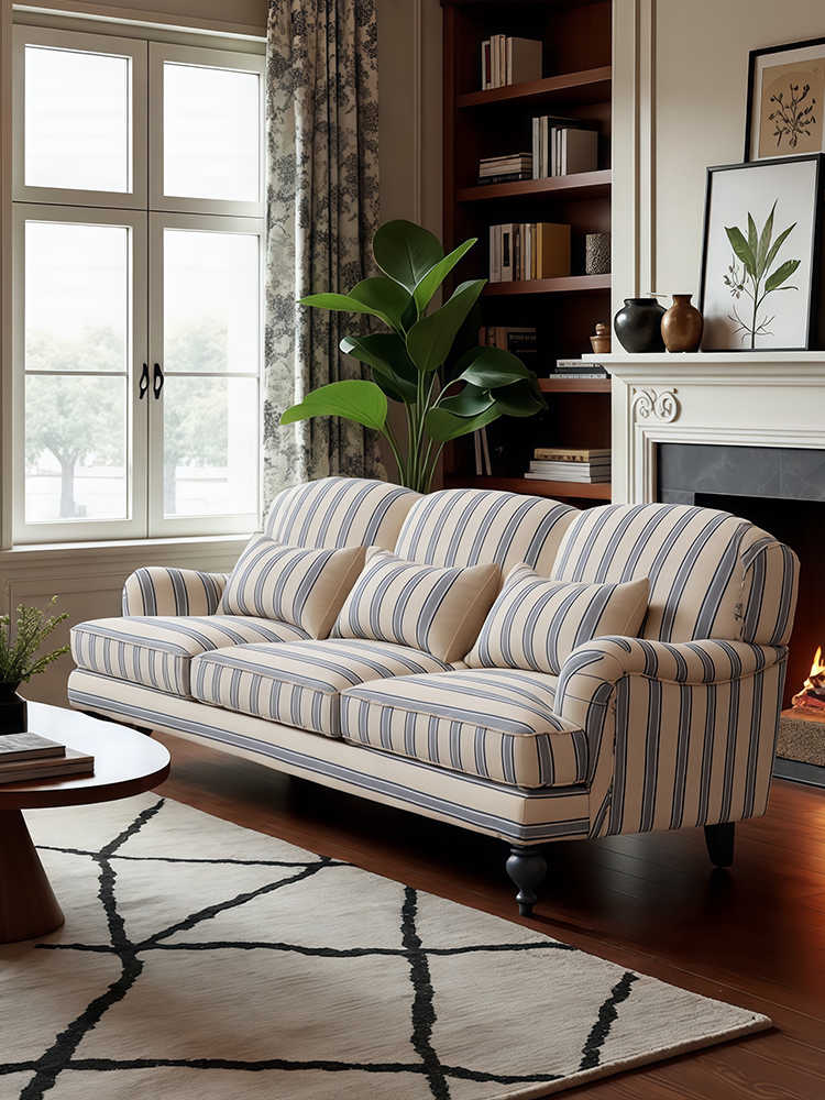Vintage Striped Sofa – Retro 3-Seater Fabric Couch for Living Room, Homestay, Designer Loft