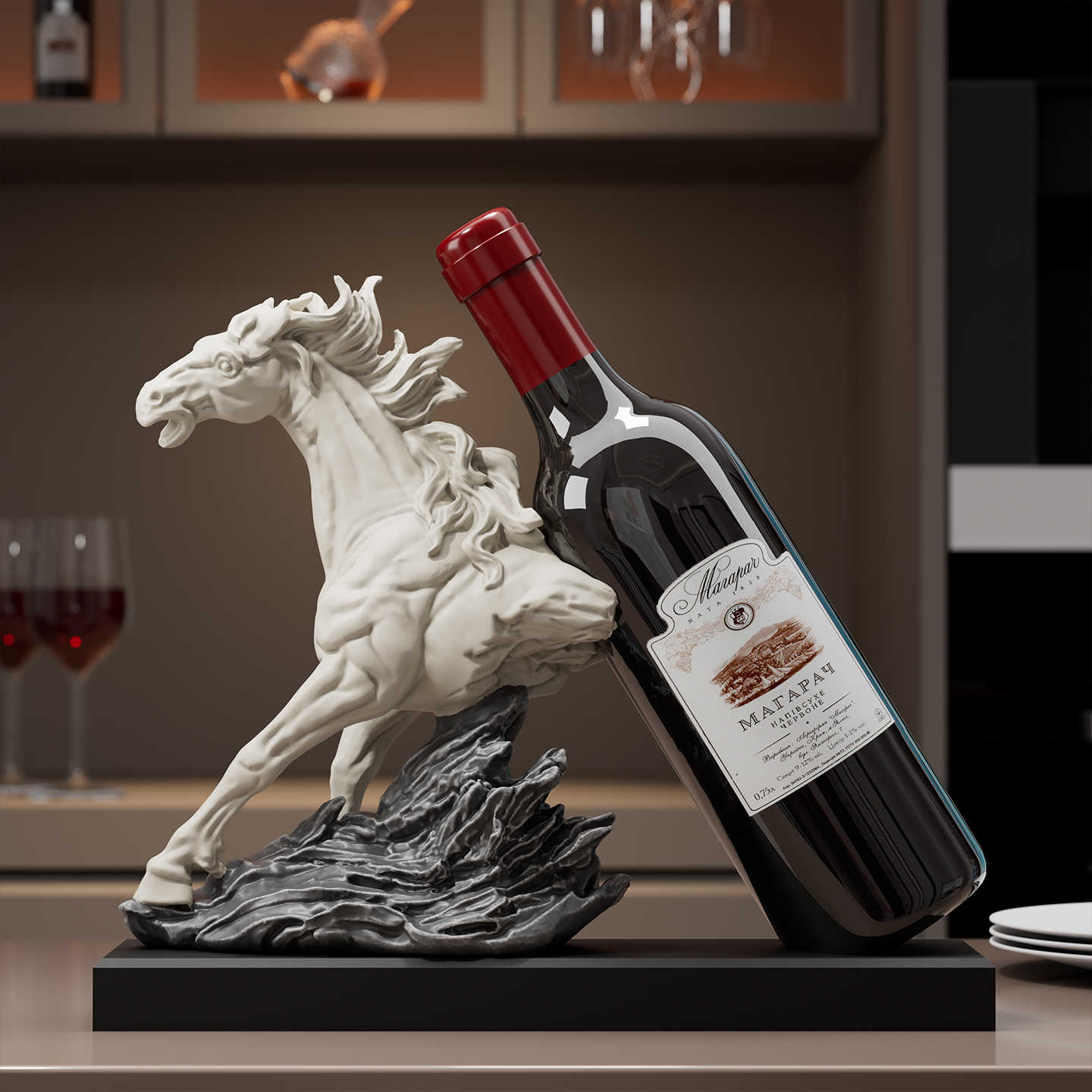 Galloping Success Horse Wine Rack, 2025 Luxury White Resin Sculpture, Modern Living Room/Console/Wine Cabinet Art Display