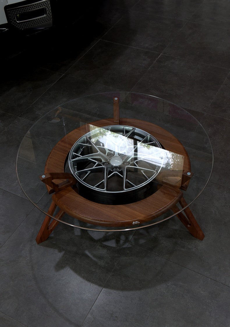 Modern Racing Wheel Hub Coffee Table – Solid Wood Base, Glass Top, Automotive Rim Display Stand, Sports Car Theme Decor