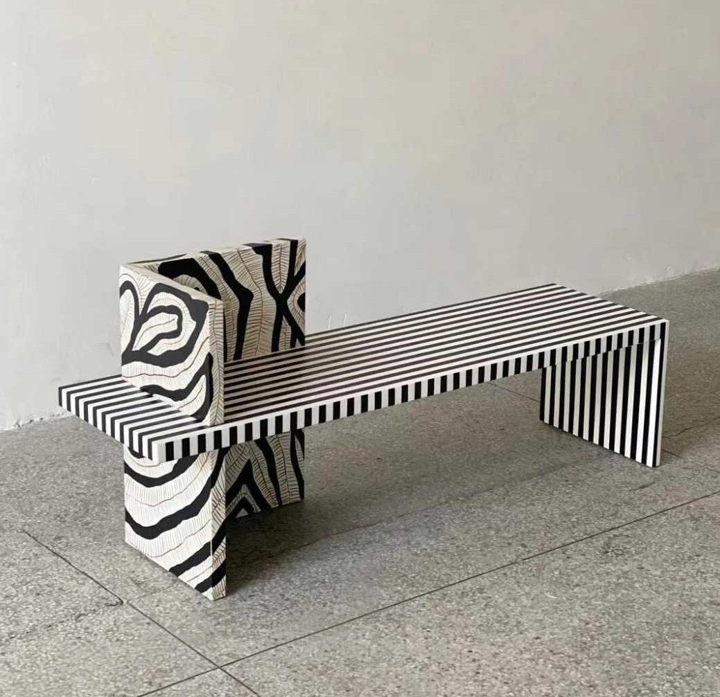 Artistic House Wabi-Sabi Designer Bench with Geometric Pattern Block, Mid-Century Modern Striped Seating for Bedroom & Entryway
