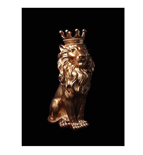 Crowned Lion Feng Shui Sculpture in Antique Gold Finish, European Style Prosperity Symbol for Desktop & Mantel Display, Regal King Lion Figurine