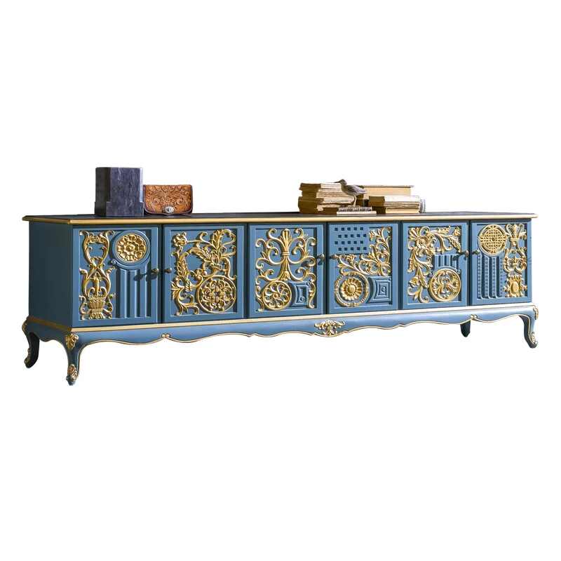 Solid Wood Carved Gold TV Cabinet, Luxury Vintage 6-Door Console Sideboard for Villa Living Room