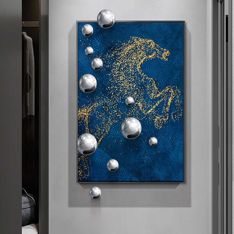 Luxury Blue and Gold Horse Canvas Wall Art with 3D Metal Spheres, Large Abstract Decorative Painting for Office Entrance or Living Room