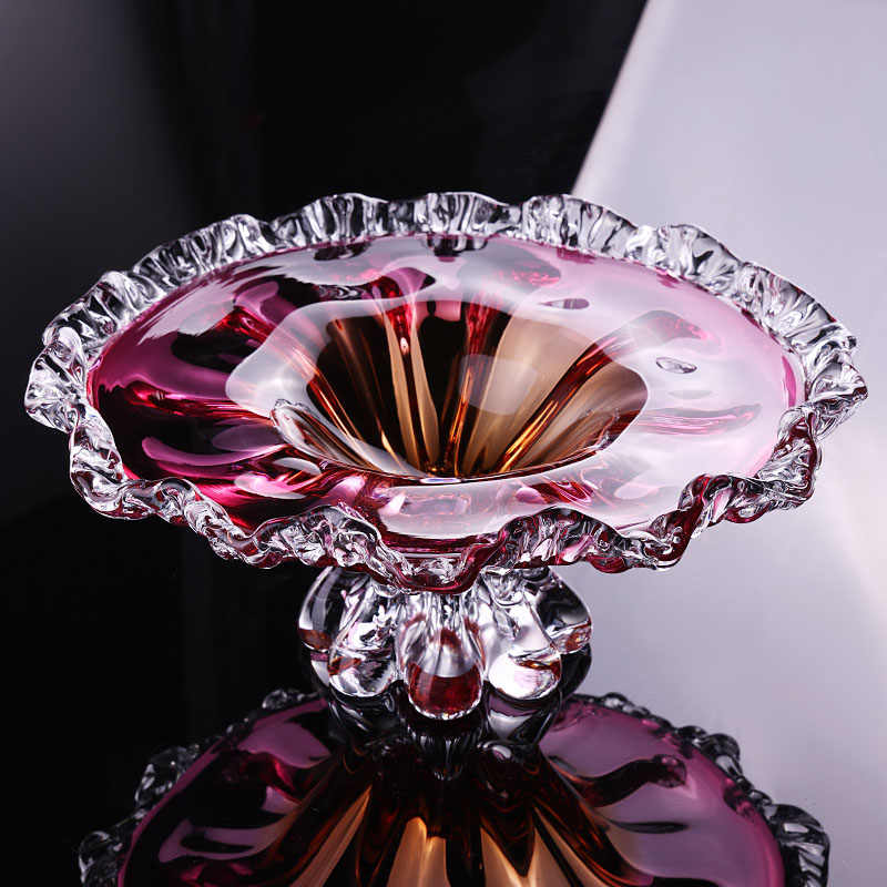 European Luxury Crystal Glass Pedestal Fruit Bowl, Pink Amber Gradient Compote with Ruffled Edge for Living Room, Elegant Footed Serving Dish Showroom Decor