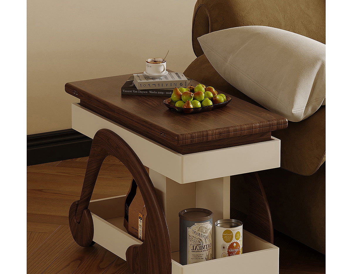 Adjustable Height Walnut Coffee Table with Wheels – Movable Mid-Century Modern Folding Side Table, Small Space Living Room Utility Cart
