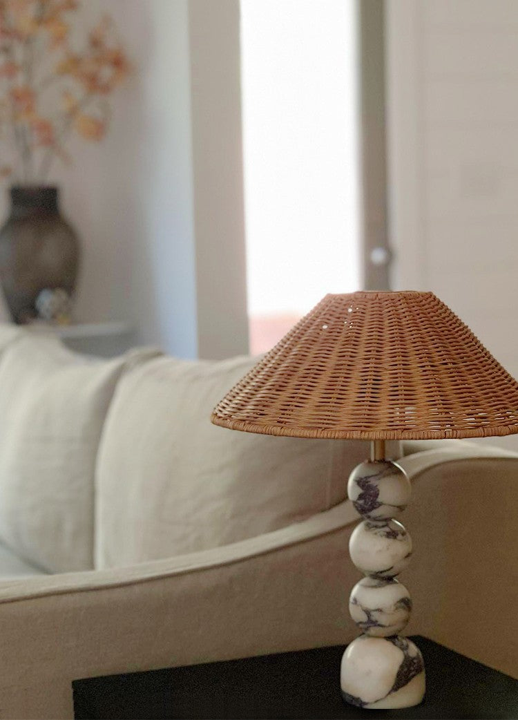 Luxury Marble Table Lamp, Vintage Woven Rattan Shade, High-End Modern Bedside and Desk Accent Light for Living Room, Bedroom, Study