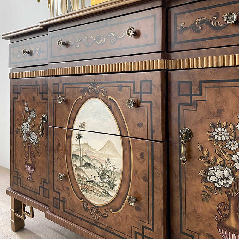 Neoclassical Hand-Painted Sideboard, Vintage Console with Carved Floral Panels, Luxury Entryway Storage Cabinet
