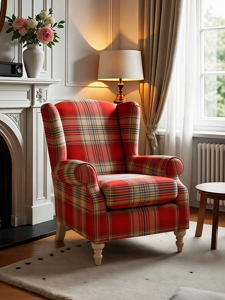 High-Back Tiger Armchair – Red Plaid Retro Single Sofa for Living Room, Study, Bedroom, or Balcony, Country Style Wing Chair