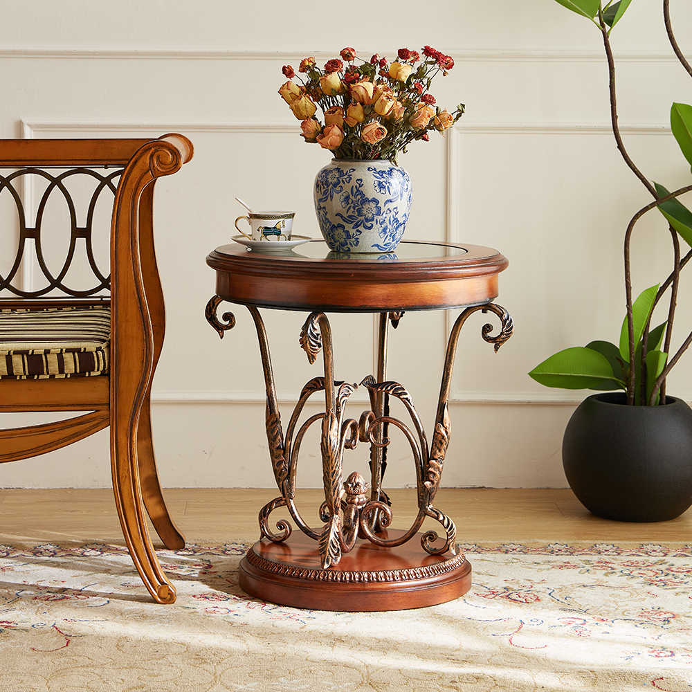 Vintage Caramel Brown Round Clock Side Table – European Wrought Iron Scrollwork Coffee Table, American-Style Wood End Table with Glass Clock Top