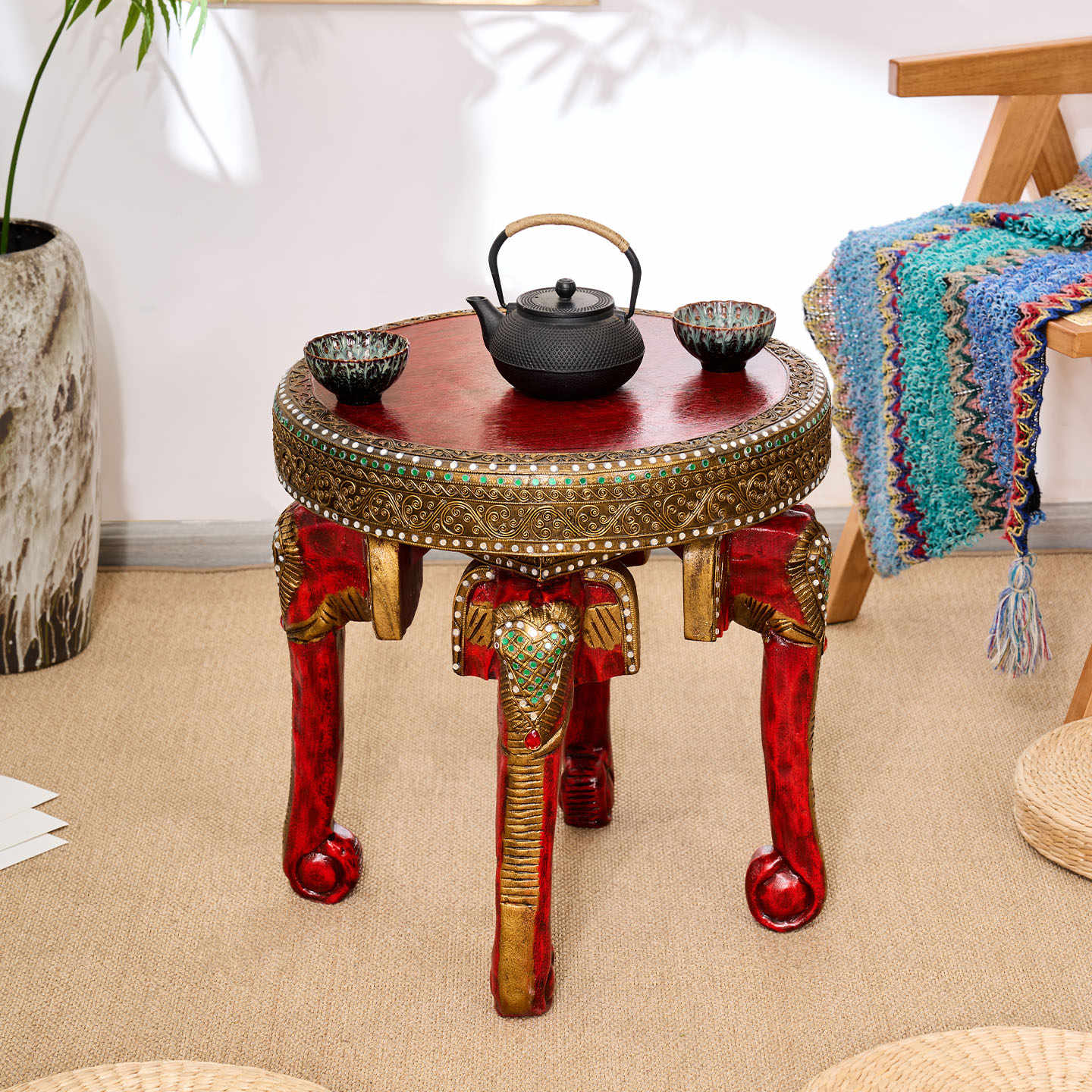 Thai Handcrafted Elephant-Inspired Solid Wood Side Table, Vintage Round Accent Table for Living Room & Balcony