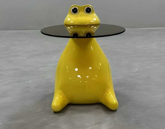 Cartoon Hippo Side Table, Creative Fiberglass Coffee Table with Glass Top for Living Room, Designer Animal-Shaped Accent Table