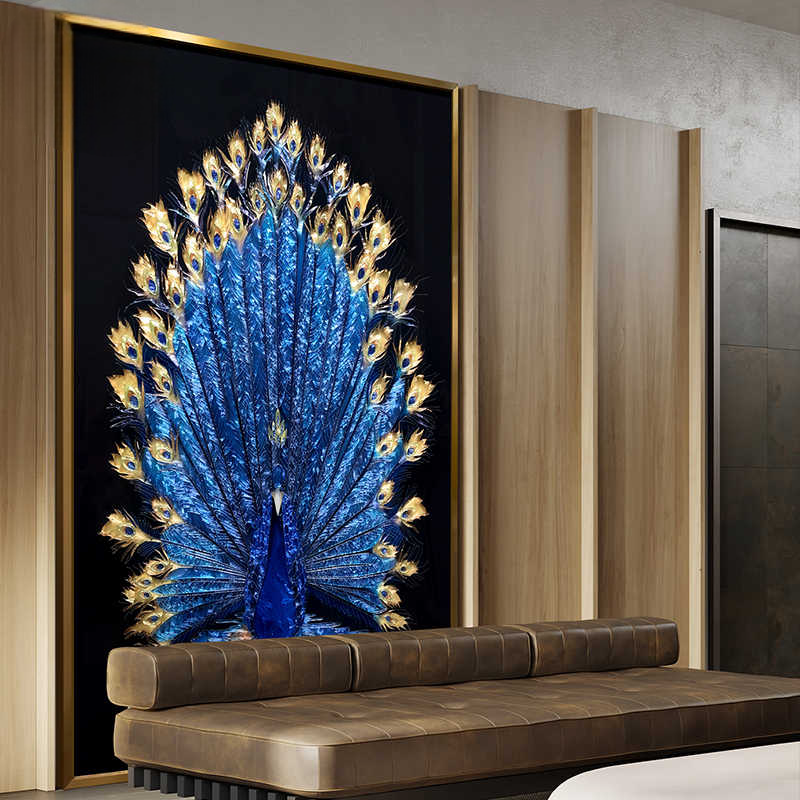 Luxury Hand-Painted Blue Peacock Enamel Wall Art – Cloisonné-Style Painting with Brushed Gold Aluminum Alloy Frame for Entryway, Living Room, or Dining Room