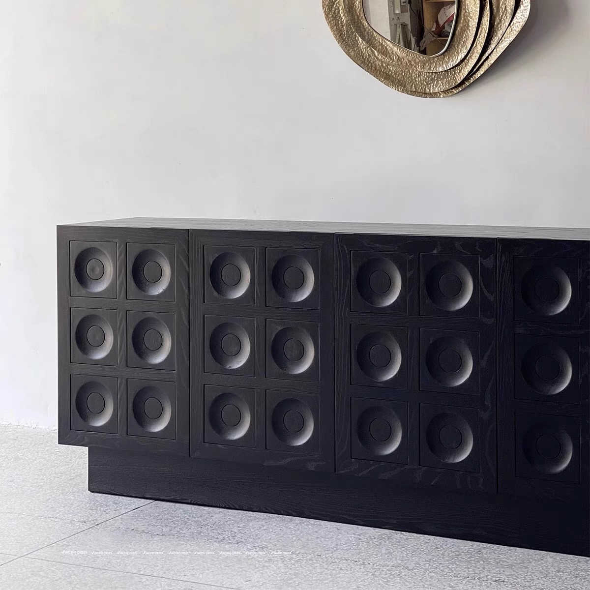 Italian Luxury Black Brutalist Sideboard Cabinet – Modern Geometric Circle Pattern Relief Console, Premium Statement Storage for Villa Living Room and Entryway