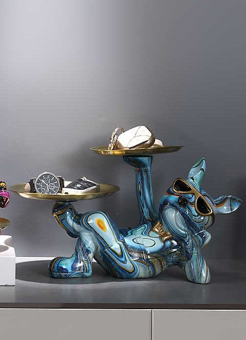 Creative Trendy Bulldog Double Tray Organizer – Artistic Resin Dog Figurine Key and Jewelry Holder, Entry Table Decor