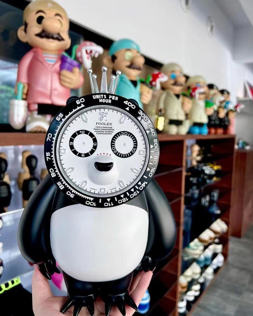 Panda Clock Sculpture – Designer Cartoon Desk Clock, Limited Edition Black & White Cute Art Toy