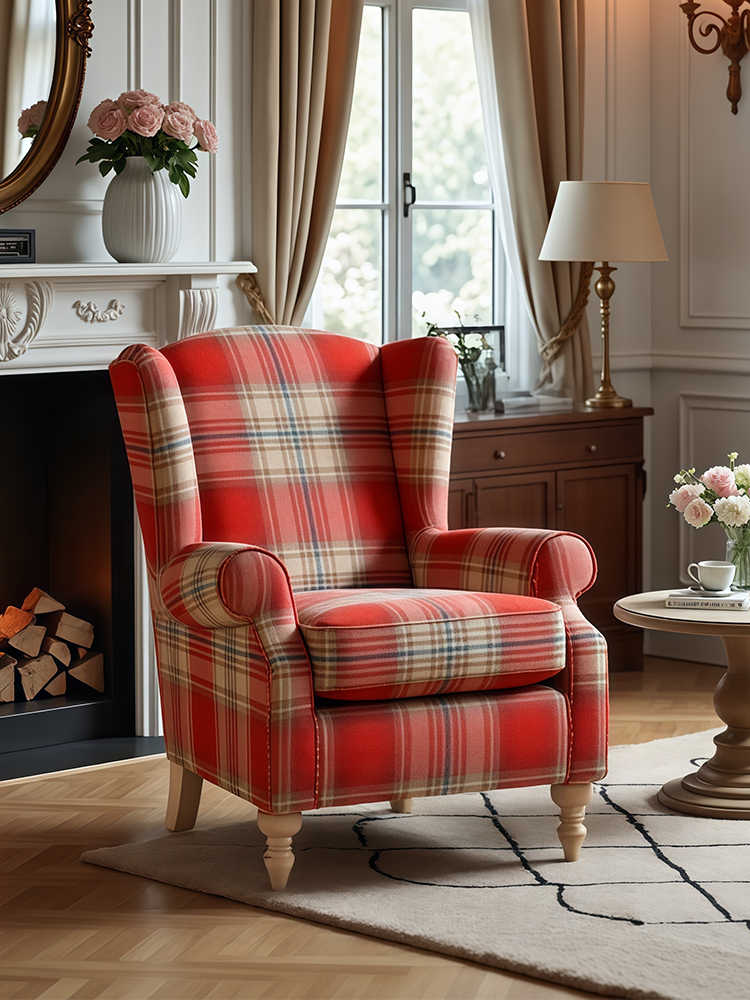 High-Back Tiger Armchair – Red Plaid Retro Single Sofa for Living Room, Study, Bedroom, or Balcony, Country Style Wing Chair